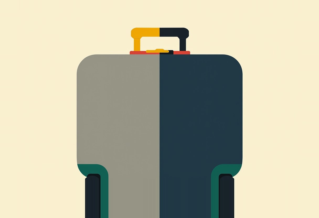 A rolling suitcase split down the middle in gray and dark teal, with a two-tone yellow-and-black handle, teal wheel housings, and a cream background.