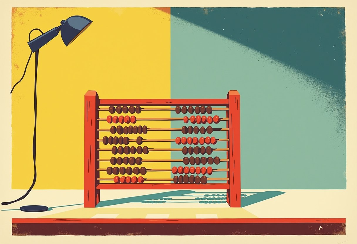 A single wooden abacus on a bare table, each row of beads at a different count, casting one long shadow under a single cool overhead light