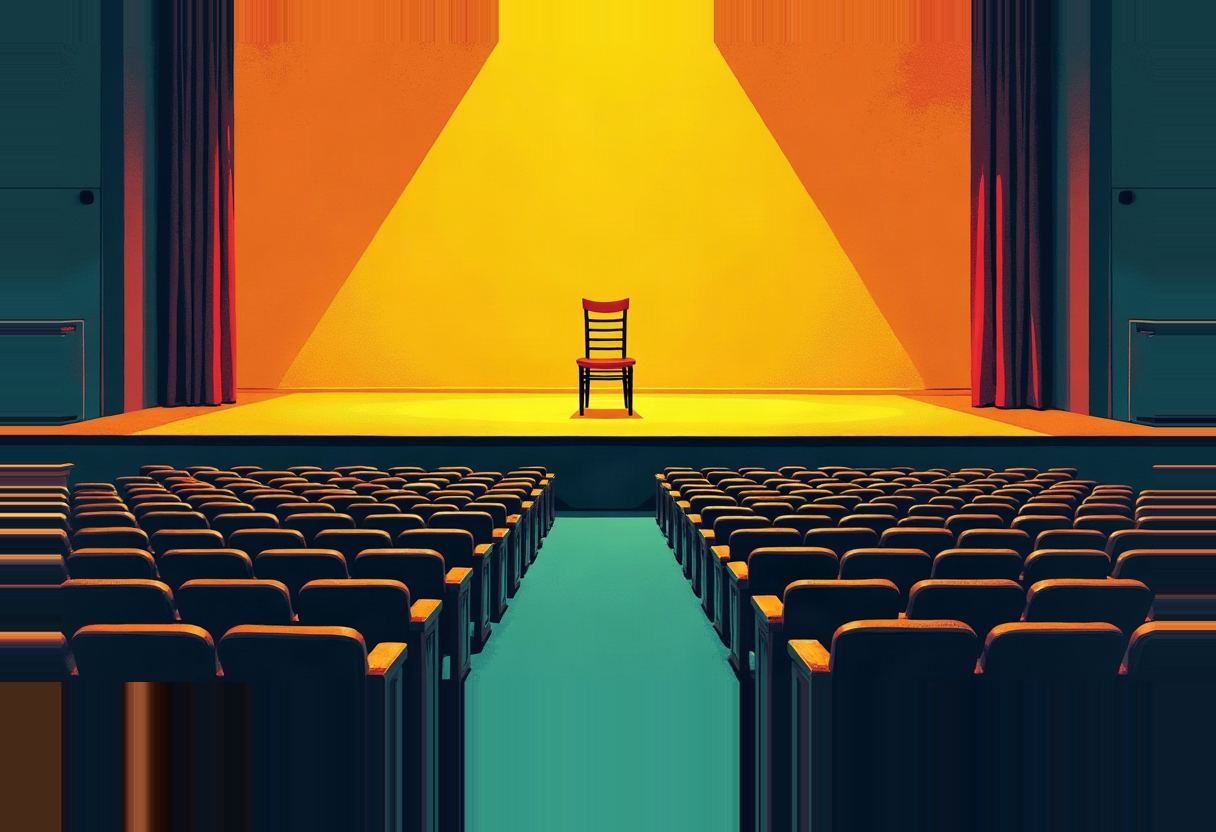 A single red and black wooden chair sits alone on a spotlit yellow-orange stage, facing rows of empty dark theater seats split by a teal center aisle.