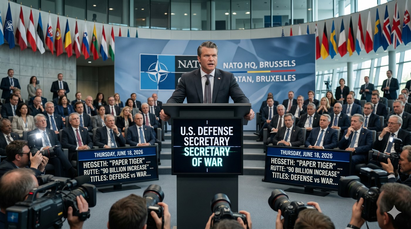 U.S. Defense Secretary Pete Hegseth at a podium at NATO headquarters in Brussels; the lectern reads 'U.S. Defense Secretary / Secretary of War' and press screens list the day's contradictions — Hegseth's 'paper tiger,' Rutte's '90 billion increase,' and the Defense-vs-War title split.