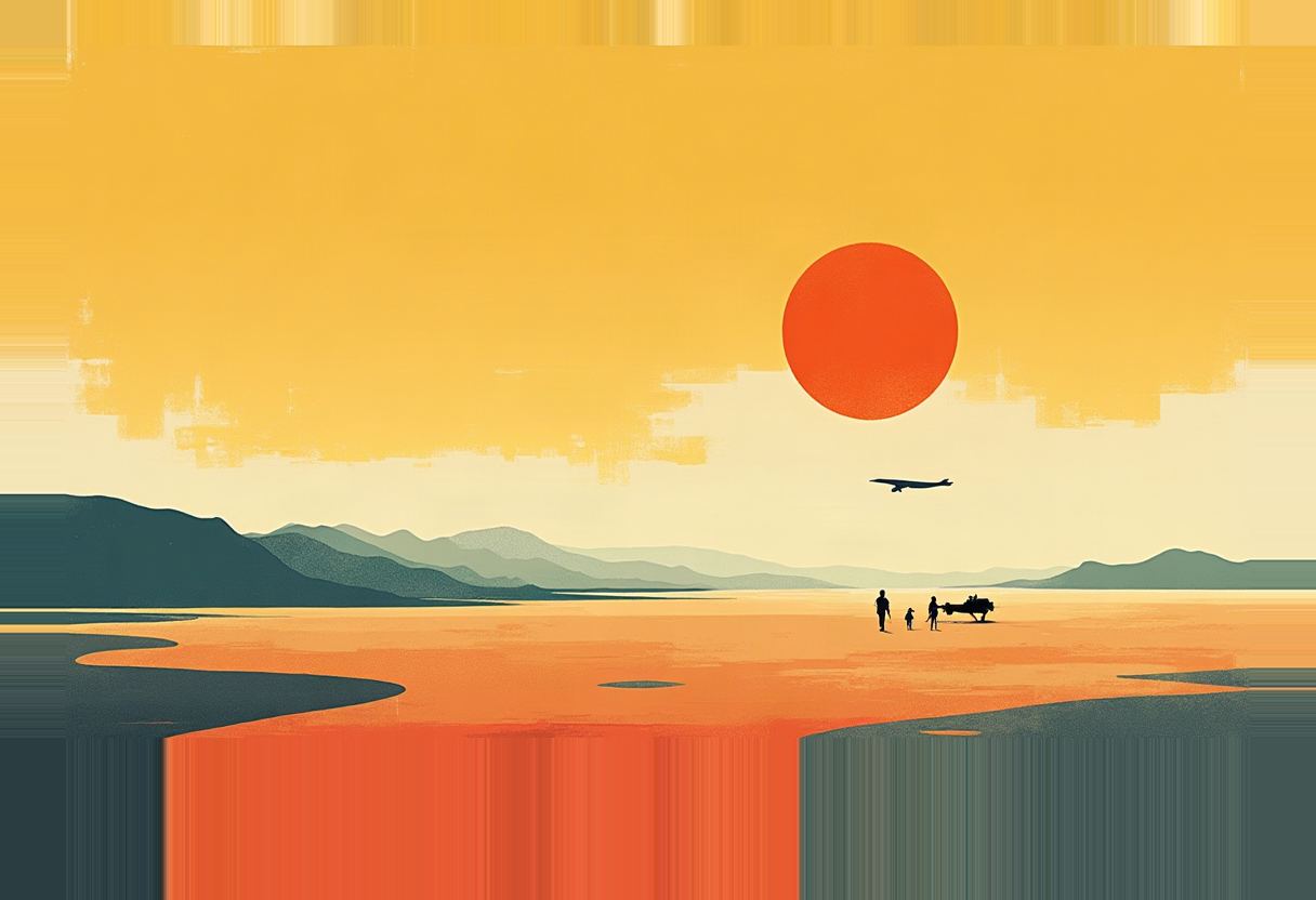 A large orange sun hangs over a desert plain with distant mountains; a small plane flies above silhouetted figures and a cart on the sand.