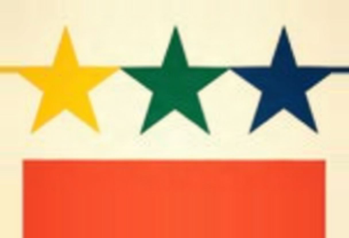 Three five-pointed stars in a row — gold, green, and navy — sit above a solid orange-red rectangle on a cream background.