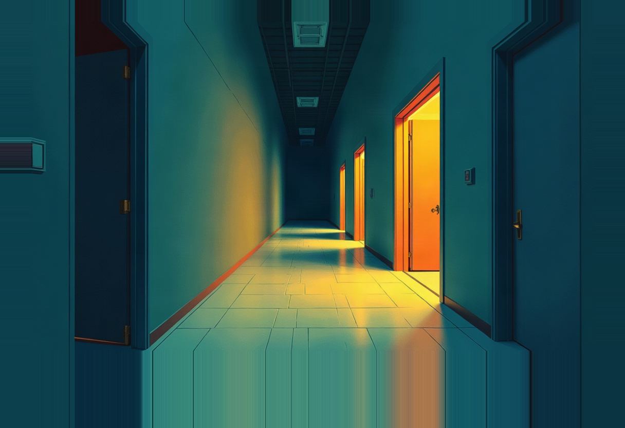 A dim teal-blue hallway with tiled floor and several doors; one door on the right stands open, spilling bright orange-yellow light across the corridor.