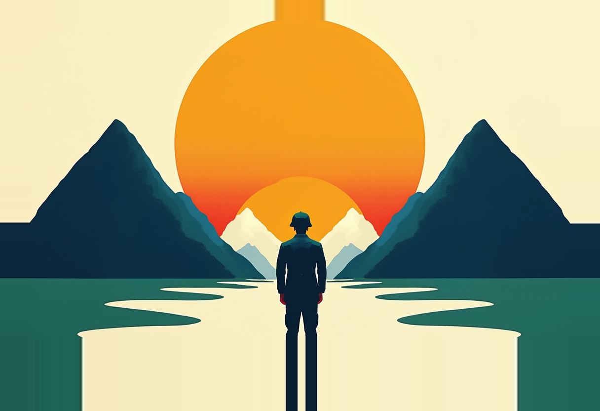Silhouette of a figure in a military-style cap stands facing a large orange sun between dark mountain peaks, with teal water and light paths in the foreground.