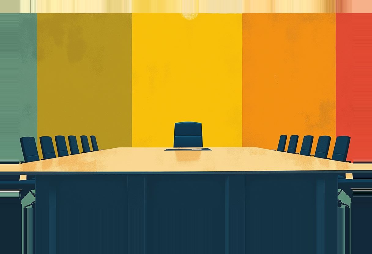 A conference table with empty dark blue chairs lines both sides, a taller chair centered at the head, against a striped teal, olive, yellow, orange and red wall.