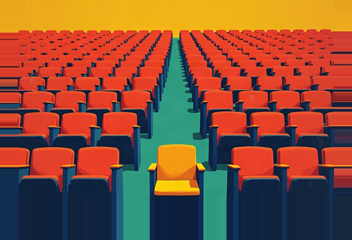 Rows of red auditorium seats with navy frames flank a teal center aisle, with one yellow chair set apart in the aisle under a yellow sky.