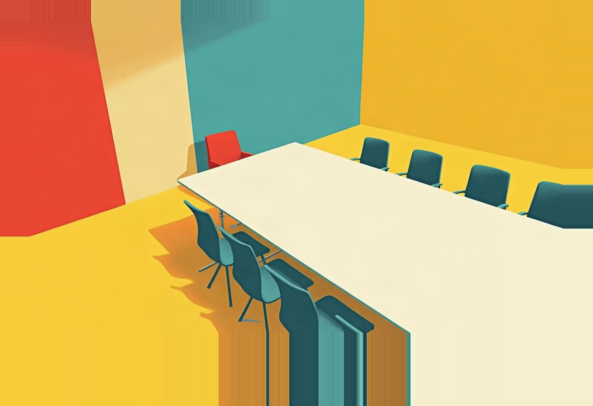 A long white conference table with teal chairs on both sides, one red armchair set apart at the head, in a room with red, cream, teal, and yellow wall panels.