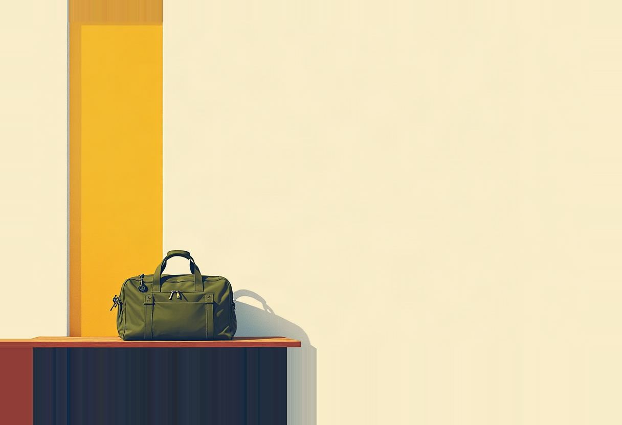 An olive-green duffel bag with zippered pockets sits on an orange and navy shelf against a cream wall with a tall yellow vertical stripe, casting a long shadow.