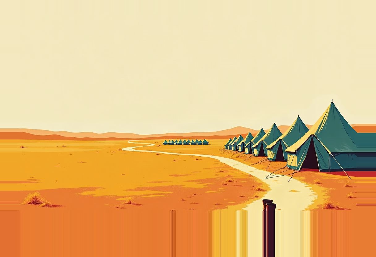 Illustration of a row of green peaked tents beside a pale winding path through an orange desert, with a smaller tent cluster in the distance under a cream sky.