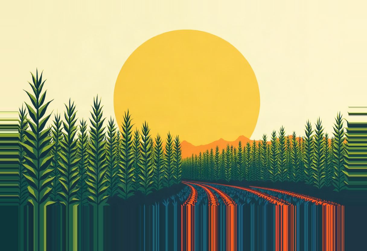 A large yellow sun sits over orange mountains behind tall rows of green hemp plants, with a path of orange and blue vertical lines running through the field toward the foreground, which is distorted into glitchy horizontal and vertical colour streaks.