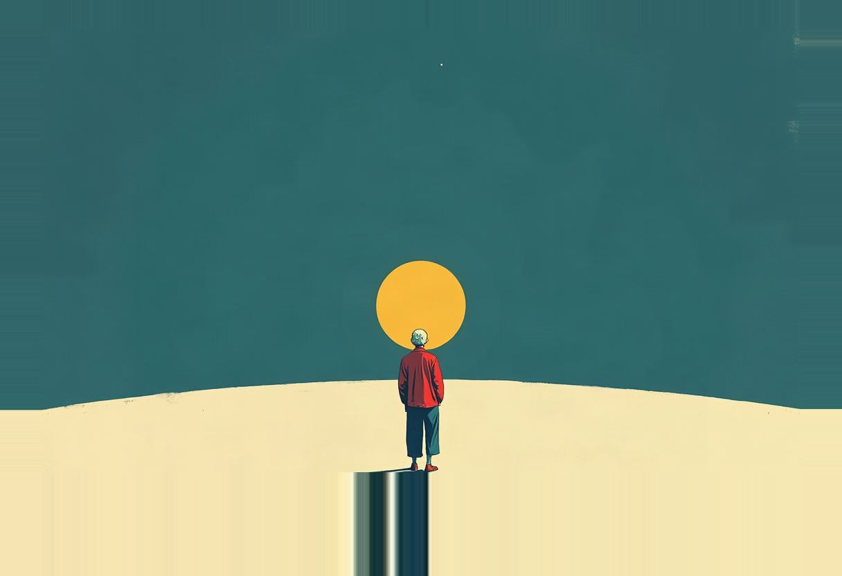A figure in a red jacket stands with its back to the viewer on a pale curved hill against a dark teal sky, facing a solid yellow circle like a sun, with a dark vertical beam dropping from its feet.