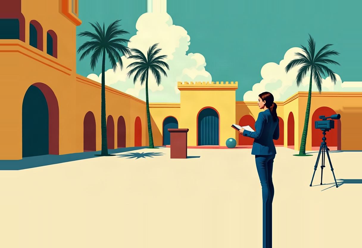 A woman in a blue suit holds papers beside a video camera on a tripod in a stylized plaza with palm trees, a fortress-like yellow building, and a teal sky.