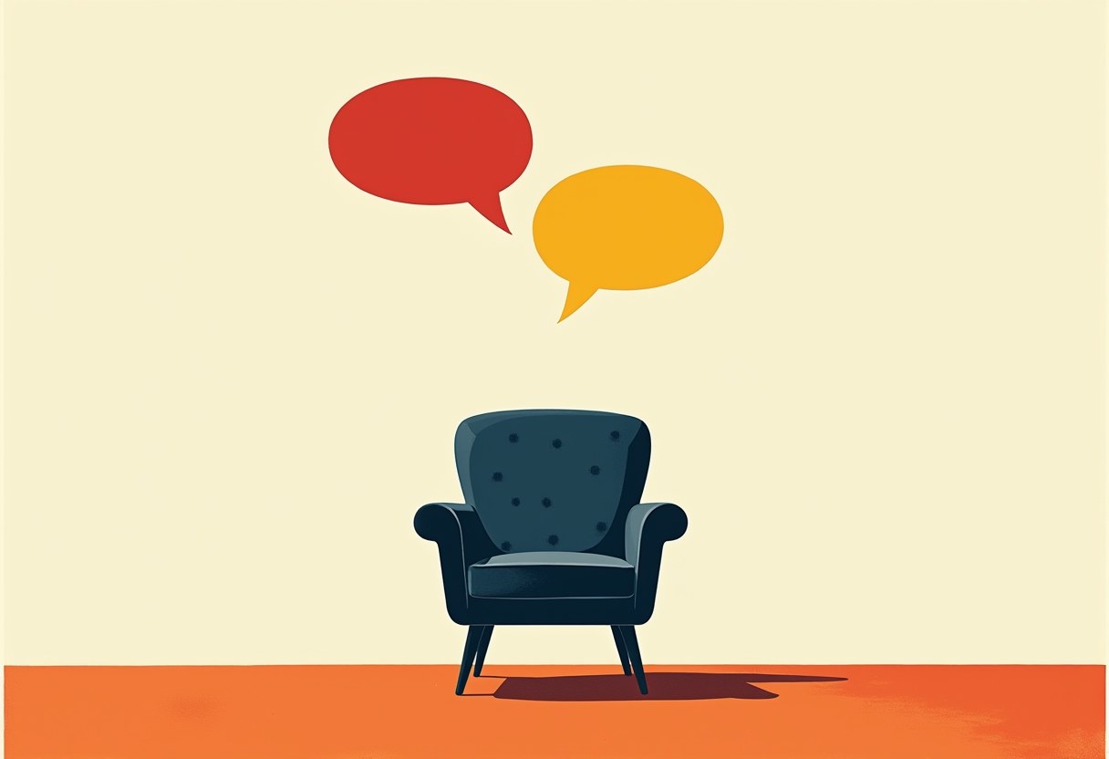 An empty dark blue armchair on an orange floor, with an overlapping red and yellow speech bubble floating above it against a cream background.