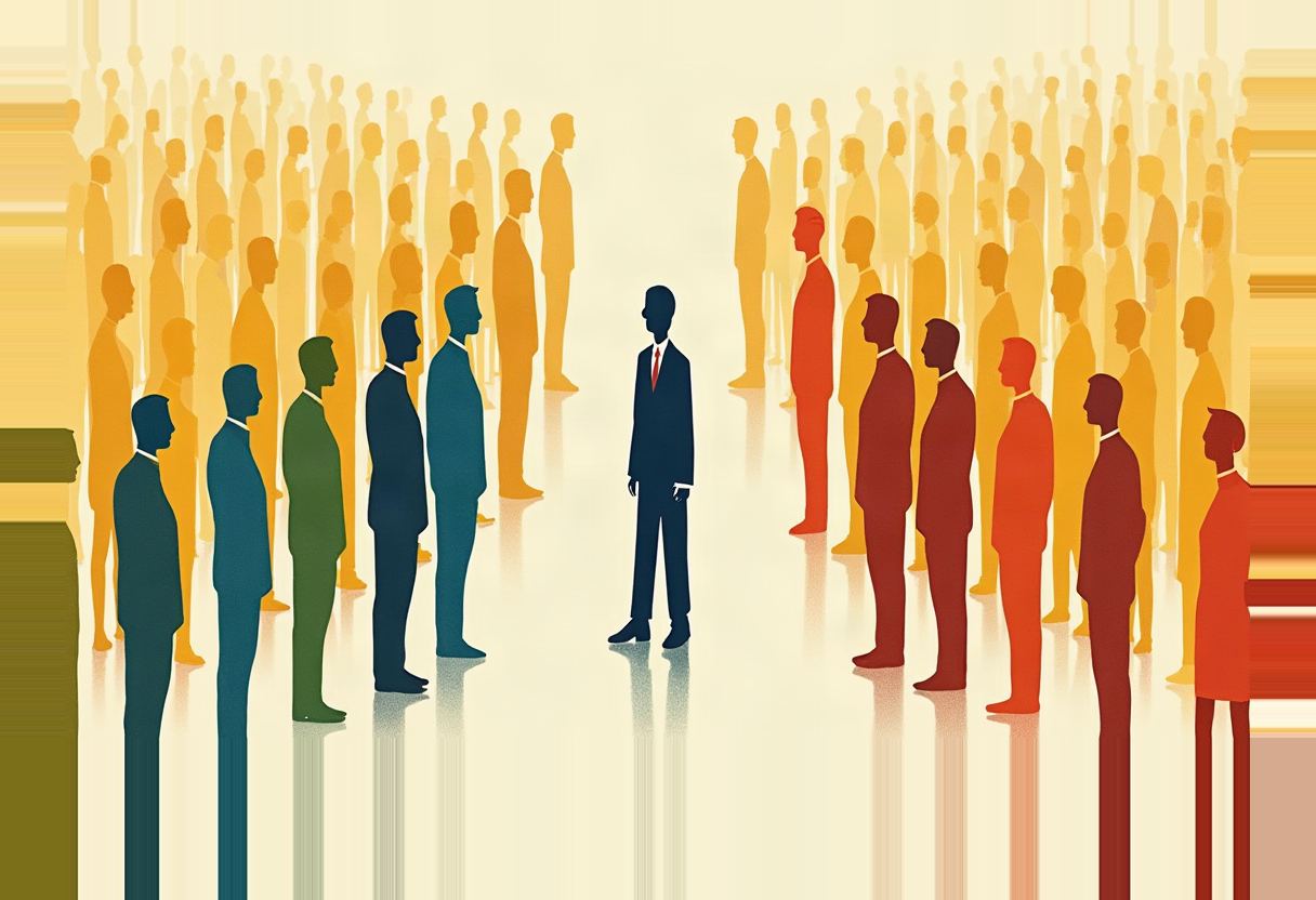 Flat illustration of one dark-suited figure with a red tie standing alone in a corridor between two facing crowds of faceless silhouettes in blue-green and orange-red, on a pale yellow background.