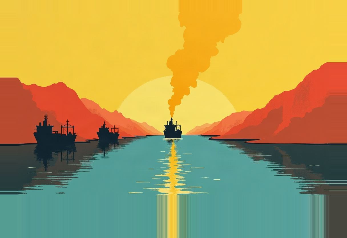 Three dark cargo ship silhouettes on teal water in a strait between red-orange mountains, the center ship trailing a dark smoke plume against a yellow sunset sky.