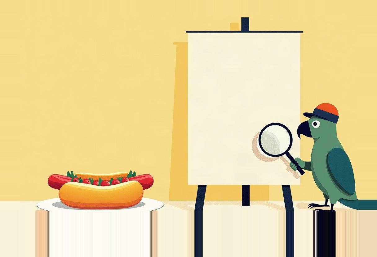 A green cartoon parrot wearing a blue and orange hat holds a magnifying glass up to a blank easel pad beside a plated hot dog with tomato and herb garnish, against a yellow background.