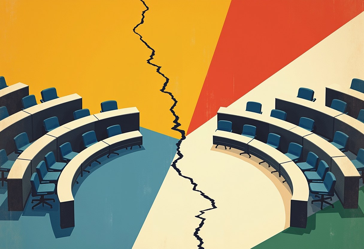 An abstract risograph: a legislative chamber's empty curved seating split down the middle by a long jagged crack, the two color-blocked halves pulled apart.