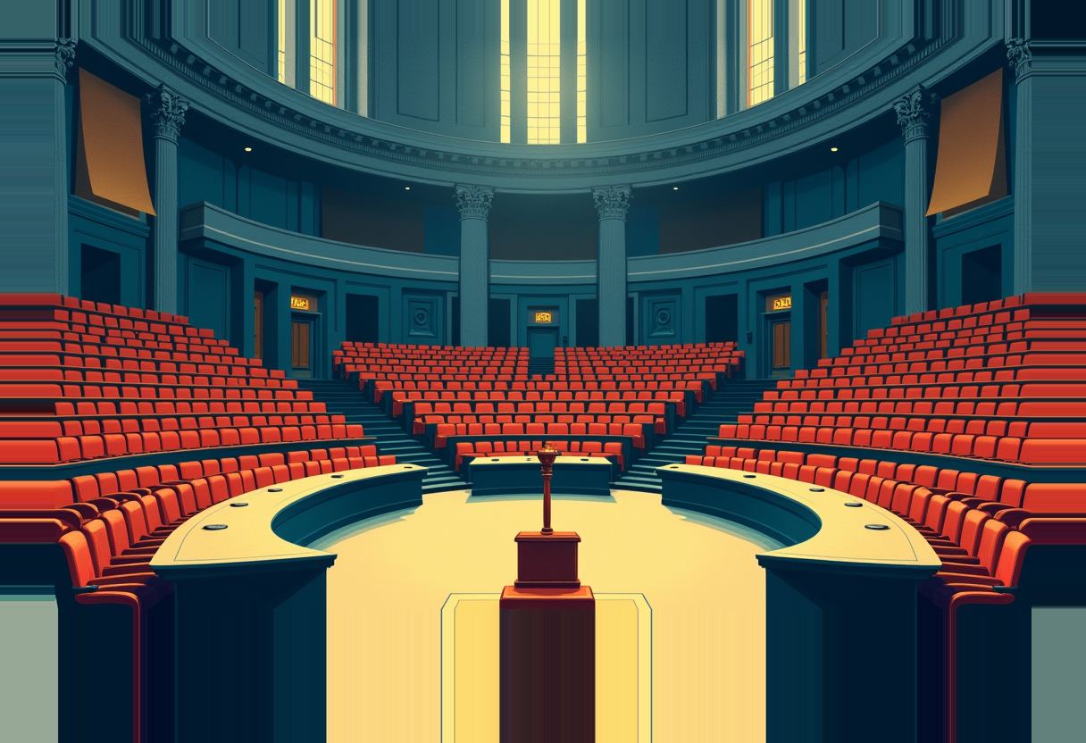 Empty red-seated legislative chamber viewed from the back rows, curving toward a central podium with a microphone under a domed ceiling with tall vertical windows.