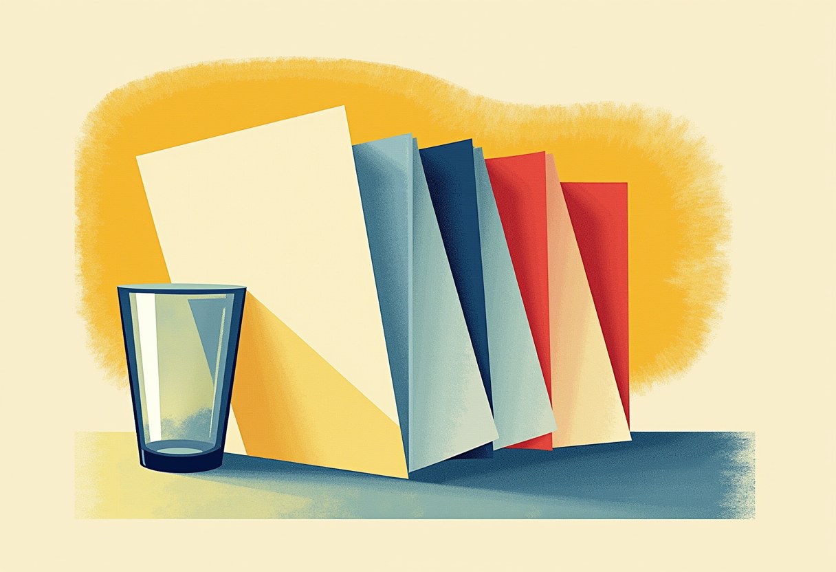 A single sheet of paper fanning out into several differently colored overlapping copies beside a glass tumbler, on a cream risograph field