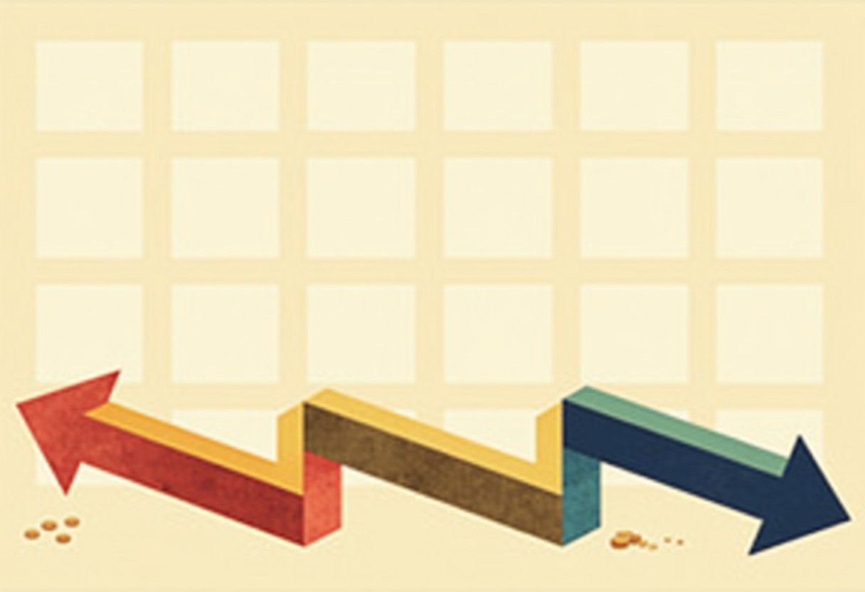 Three thick 3D arrows in red, yellow-brown, and blue zigzag in opposite directions with scattered coins below, against a pale yellow grid background.