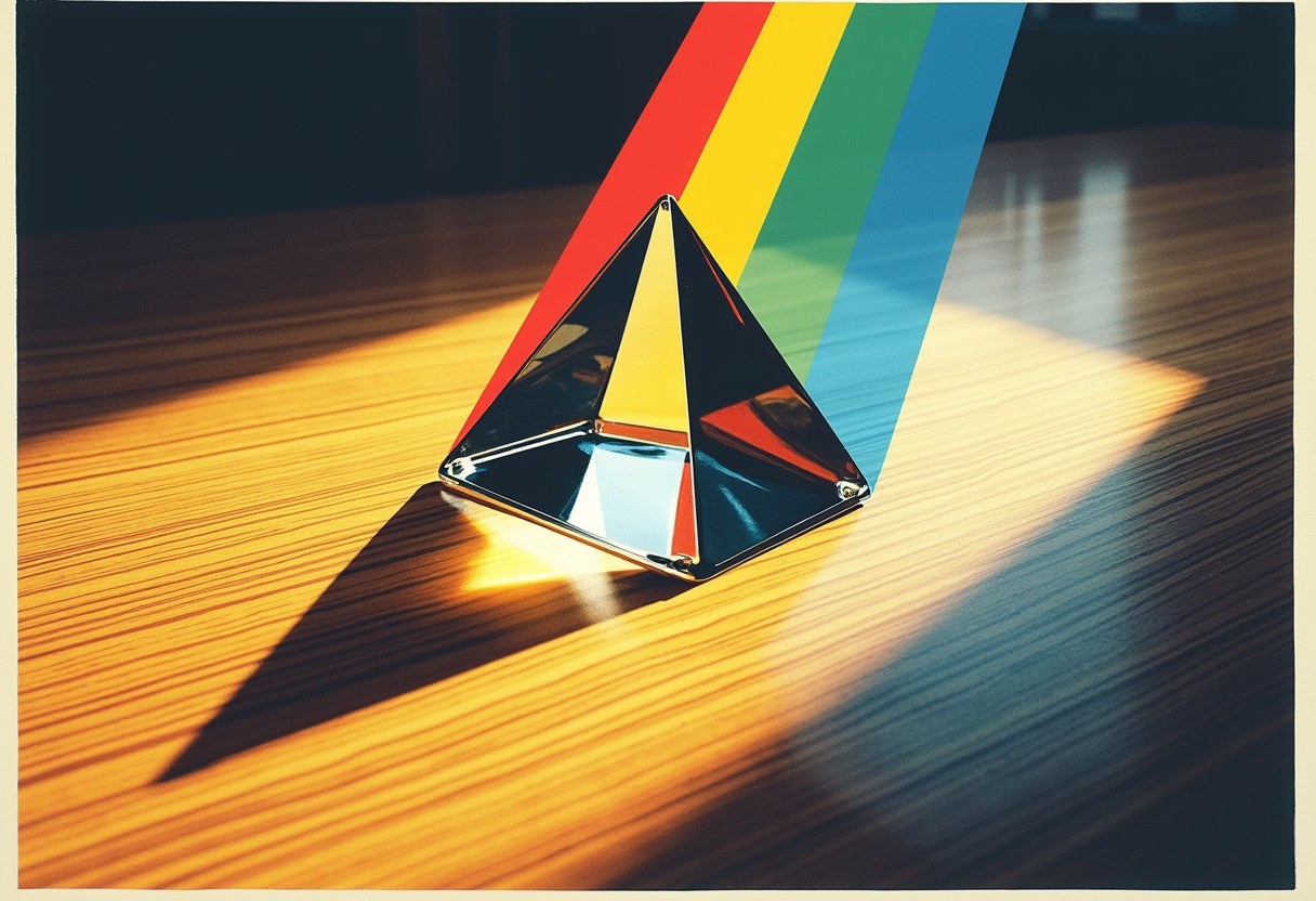 A clear glass prism on dark wood splitting a single beam of white light into four divergent colored beams, each casting its own shadow -- no human figures, no text, abstract