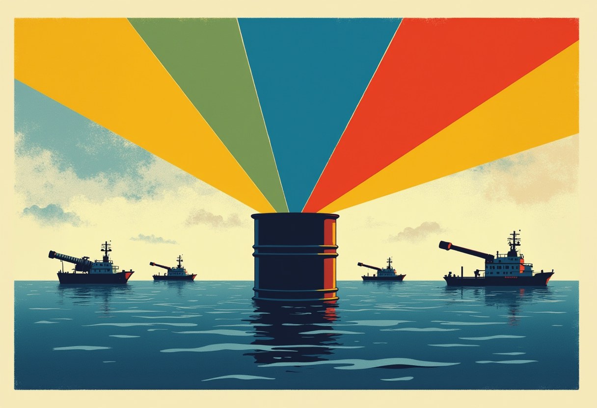 Editorial illustration of a single oil barrel standing in the sea, fanning differently colored beams into the sky while small ships train spyglasses on it from both sides