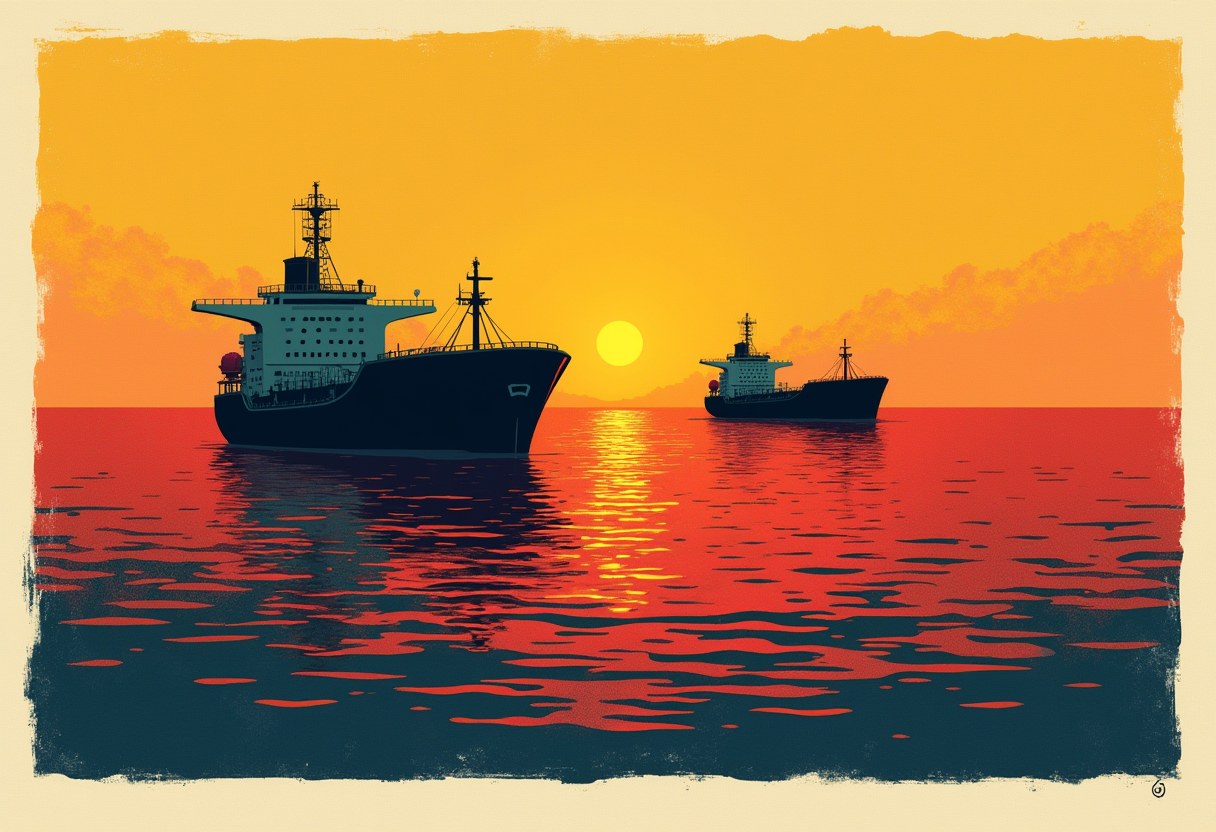 Two tanker silhouettes on a red sea at sunset beneath an orange sky