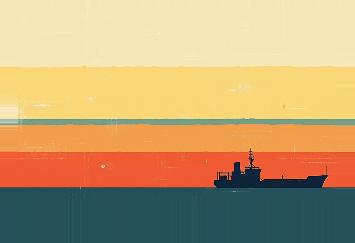 A dark silhouetted cargo ship sits on teal water beneath a horizontally banded sky in cream, yellow, and orange sunset tones.