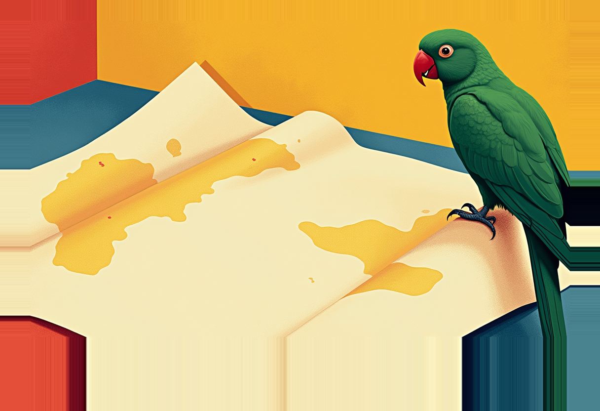 A green parrot with a red beak perches beside an open cream-colored book with yellow ink blots on its pages, set against blocks of orange, red, and teal.