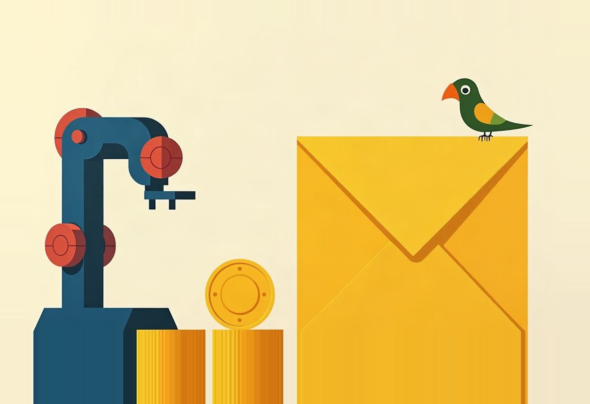 A flat-illustration robotic arm stands beside two stacked gold coin cylinders, a yellow envelope, and a green parrot with orange beak perched on the envelope's corner.