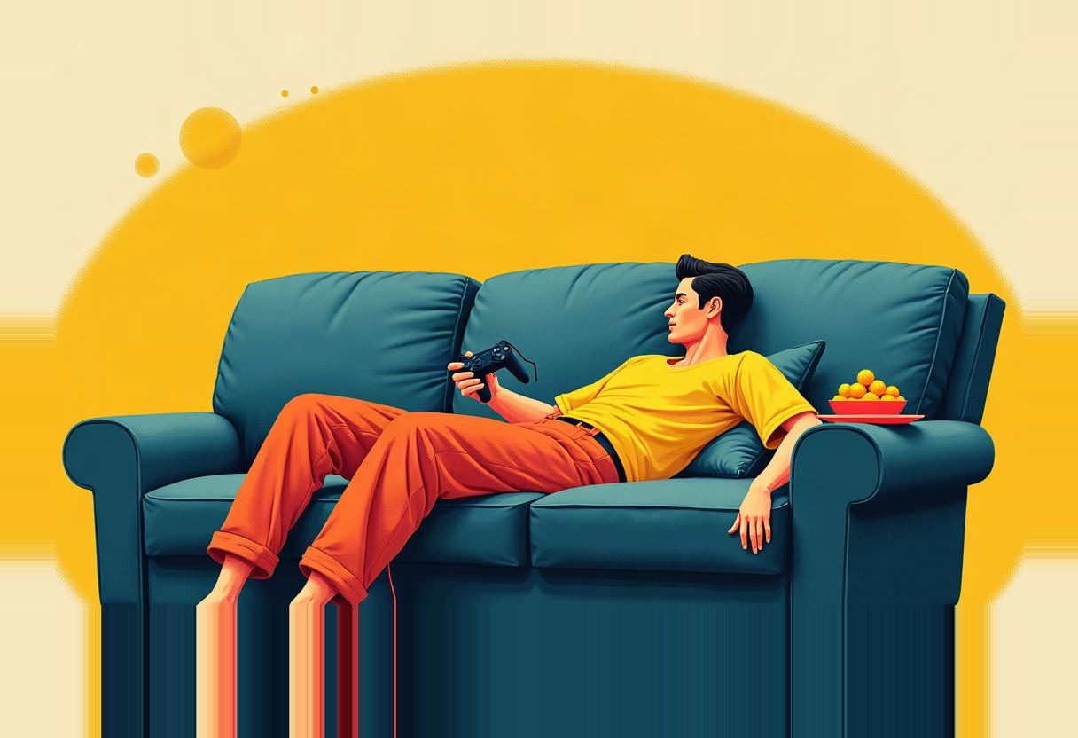 A barefoot man in a yellow shirt and orange pants reclines on a teal couch holding a game controller, with a bowl of oranges beside him against a yellow circular background.