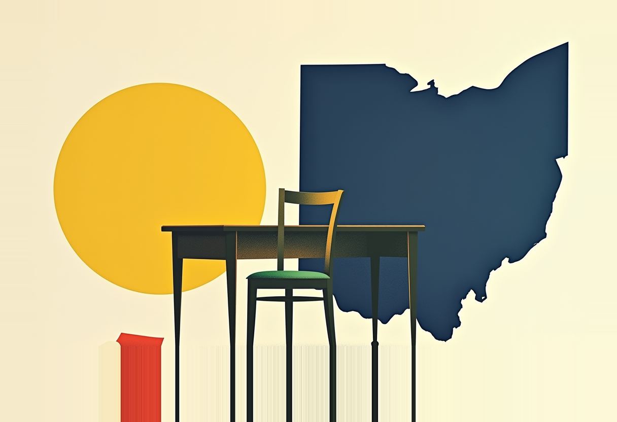 An empty desk and chair with a green seat stand before a dark blue silhouette of Ohio and a yellow circle on a cream background, with a red book partly visible at lower left.