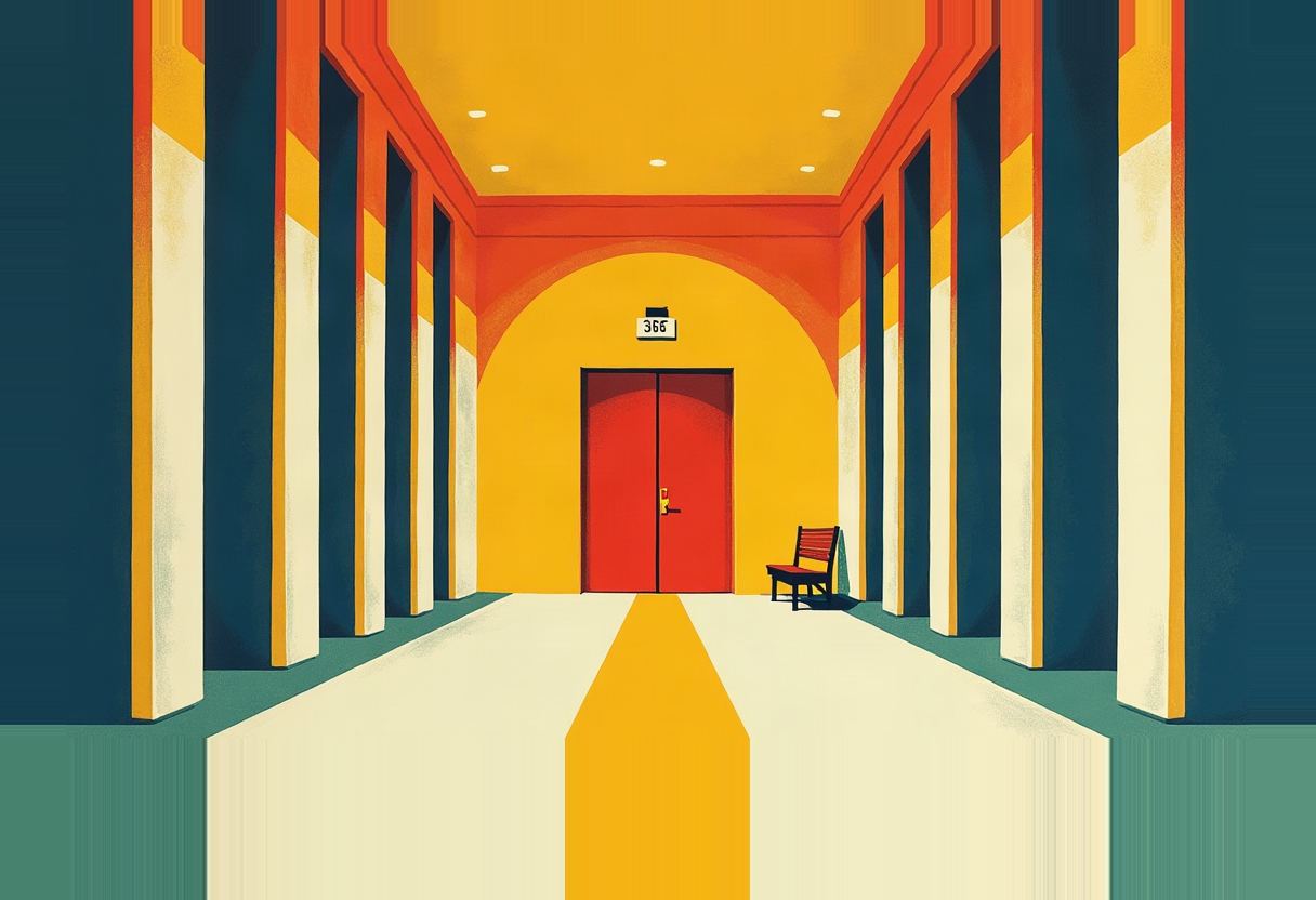 Illustrated courthouse-style hallway with teal, orange, and yellow columns leading to a closed red double door numbered 366, with an empty wooden bench beside it.