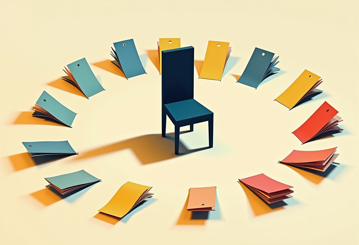 Editorial illustration of identical paper ballots fanned in a ring around a single empty chair, each casting a differently shaped shadow