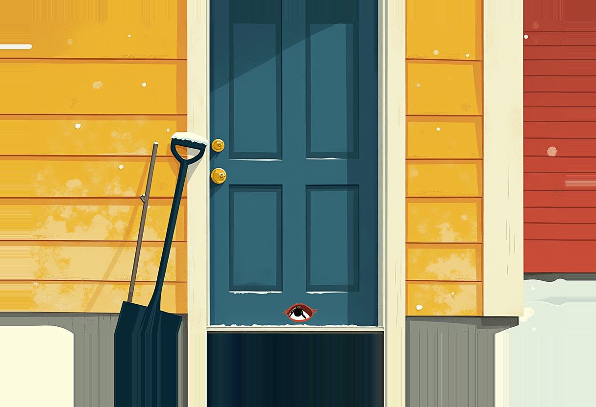 A closed teal door with brass locks between yellow and red siding, a snow shovel leaning beside it, and a single red eye peering through a gap near the bottom.