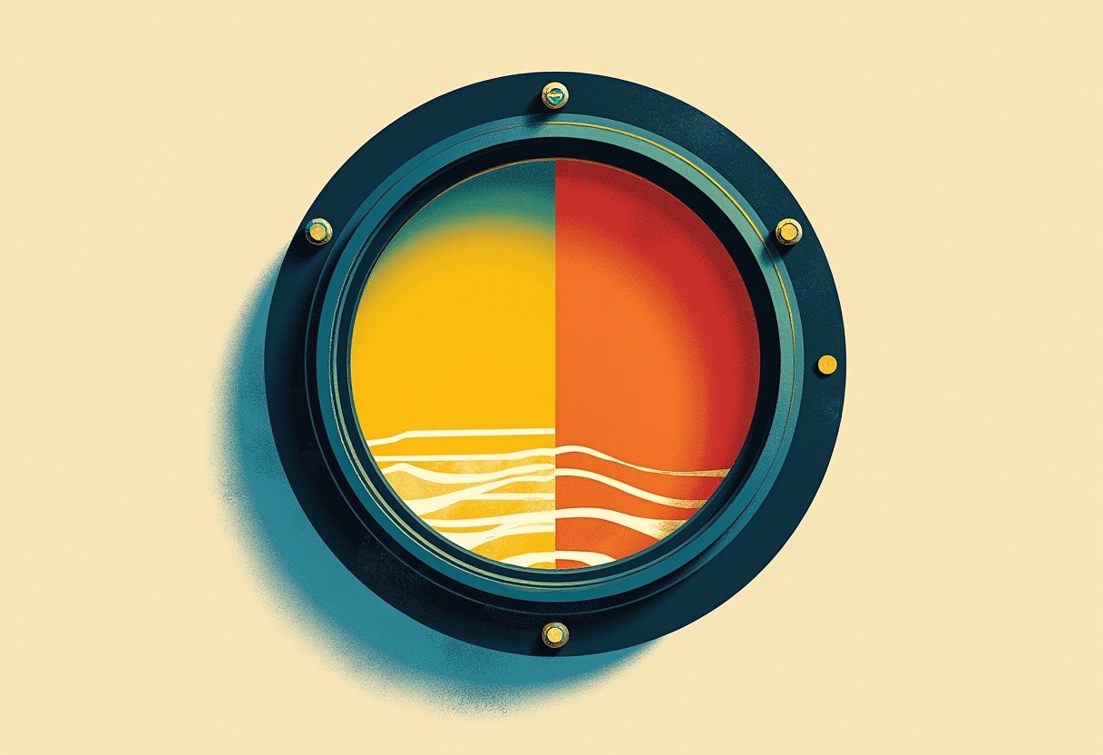 A dark round porthole with bolts frames a circle split into yellow-teal on the left and orange-red on the right, with wavy horizontal lines across the bottom, on a cream background.