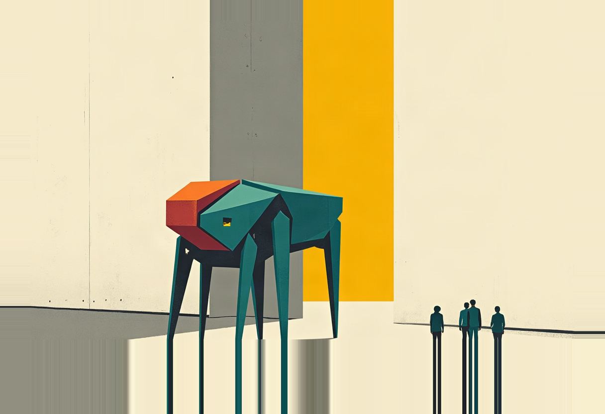 A geometric teal four-legged robot with an angular orange-and-red head stands before a gray and yellow striped wall, with four small human silhouettes standing to the right.
