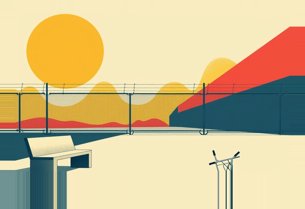 A chain-link fence topped with barbed wire runs between an empty bench and a riderless kick scooter, under a large yellow sun and red-and-navy angular shapes.