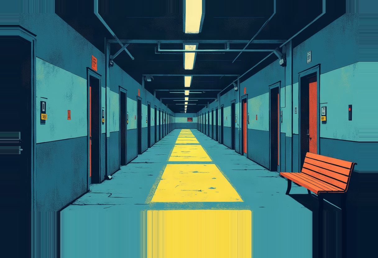 Illustrated institutional corridor with a yellow painted floor path, rows of dark doors with red frames, overhead fluorescent lights, and an empty orange bench at right.