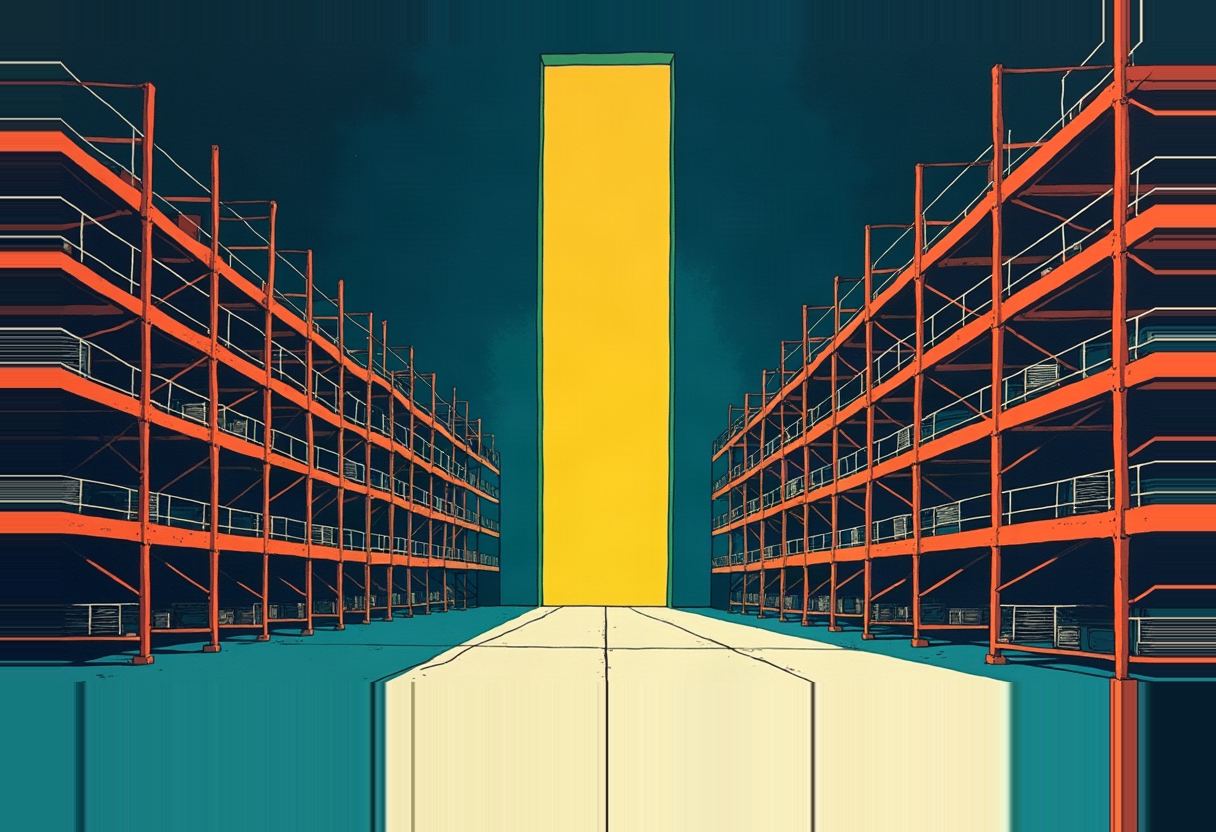 Rows of tiered orange metal shelving or bunk racks line both sides of a dark teal corridor leading to a tall glowing yellow doorway.