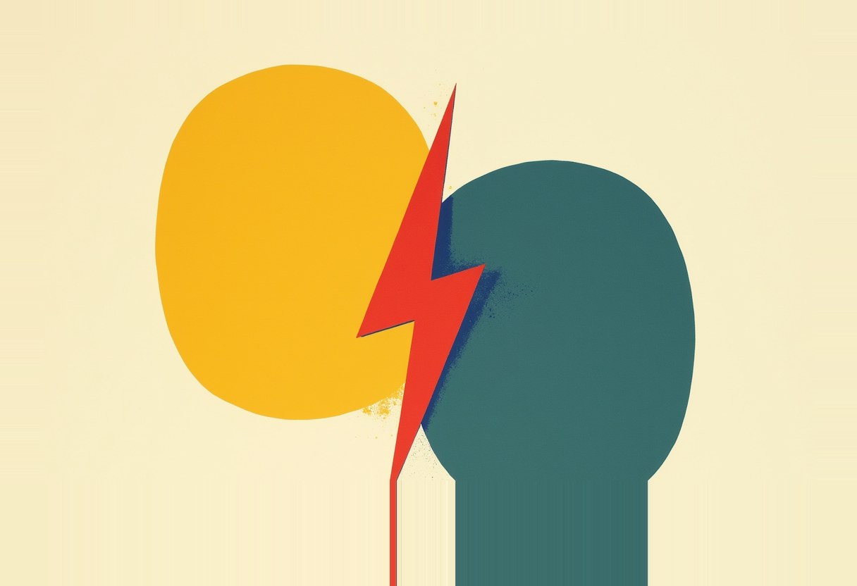 A yellow rounded shape and a teal rounded shape sit side by side on a cream background, split by a jagged red lightning bolt with a small blue shadow behind it.