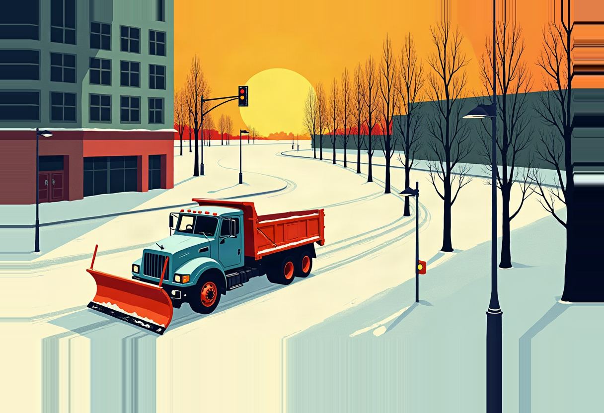 A teal snowplow truck with an orange plow blade clears a snowy street lined with bare trees, under an orange sky with a large sun and a red traffic light.