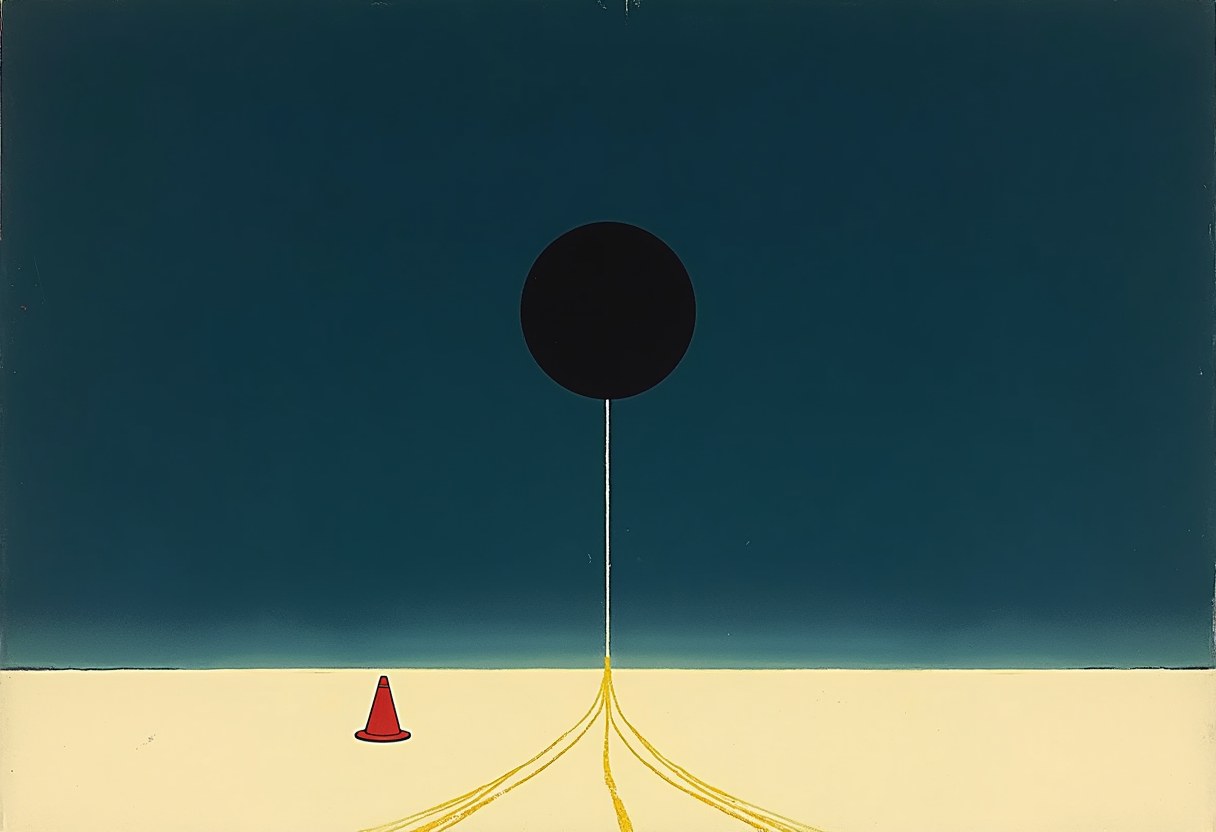 Editorial illustration: a large black unlit circle like a switched-off camera lens hovers over a pale horizon; a single line rises to it and splits below into diverging golden trajectory-lines that never reconverge, beside a lone red traffic cone — a forensic diagram of two accounts of one killing that cannot both be true, and the record that was never made.