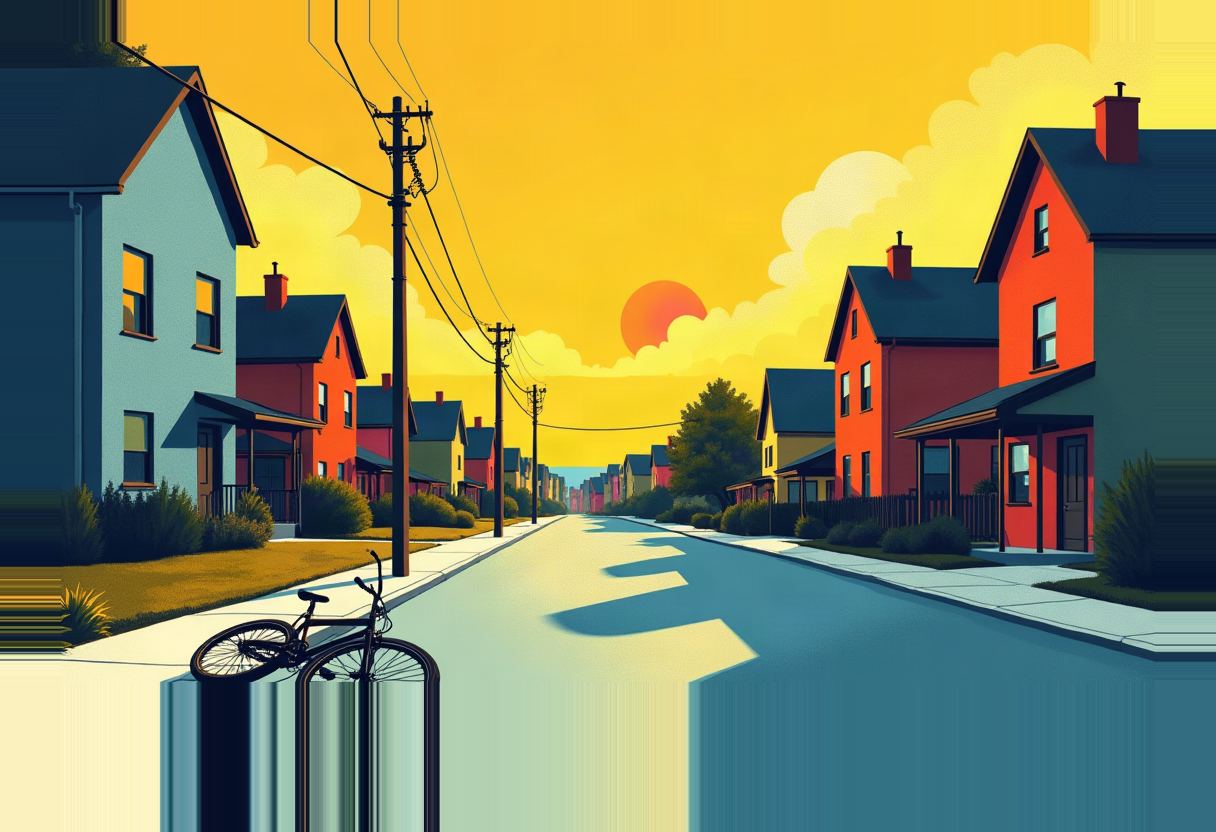 A bicycle locked to a rack on an empty residential street lined with blue and red houses under a yellow sky with a red sun.