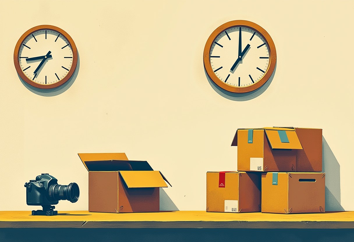Two wall clocks show different times above an empty body-camera mount and a stack of shipping boxes, one open and empty