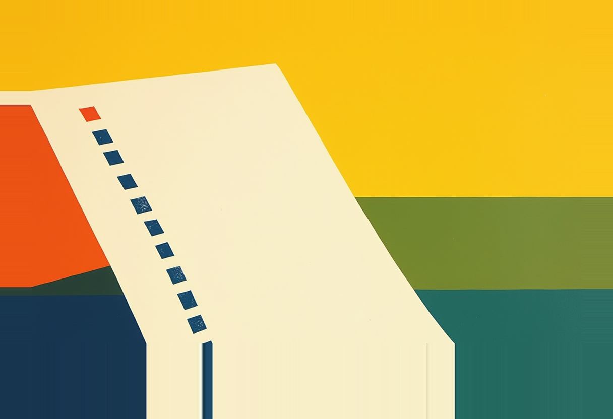 A large cream-colored angled panel with a diagonal line of small squares, one red and the rest navy blue, set against flat blocks of orange, navy, yellow, olive green, and teal.