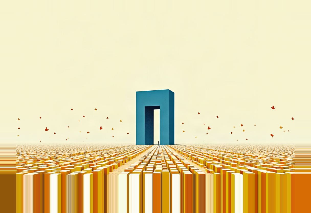 A tiny silhouetted figure stands before a tall blue rectangular doorway at the end of a vast grid of orange and white vertical bars, with scattered red and orange leaf shapes floating against a pale yellow sky.