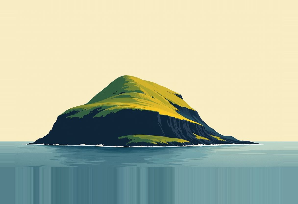 A steep, dark rocky island with green and yellow grassy slopes rises from pale blue-grey ocean water under a plain cream-colored sky.