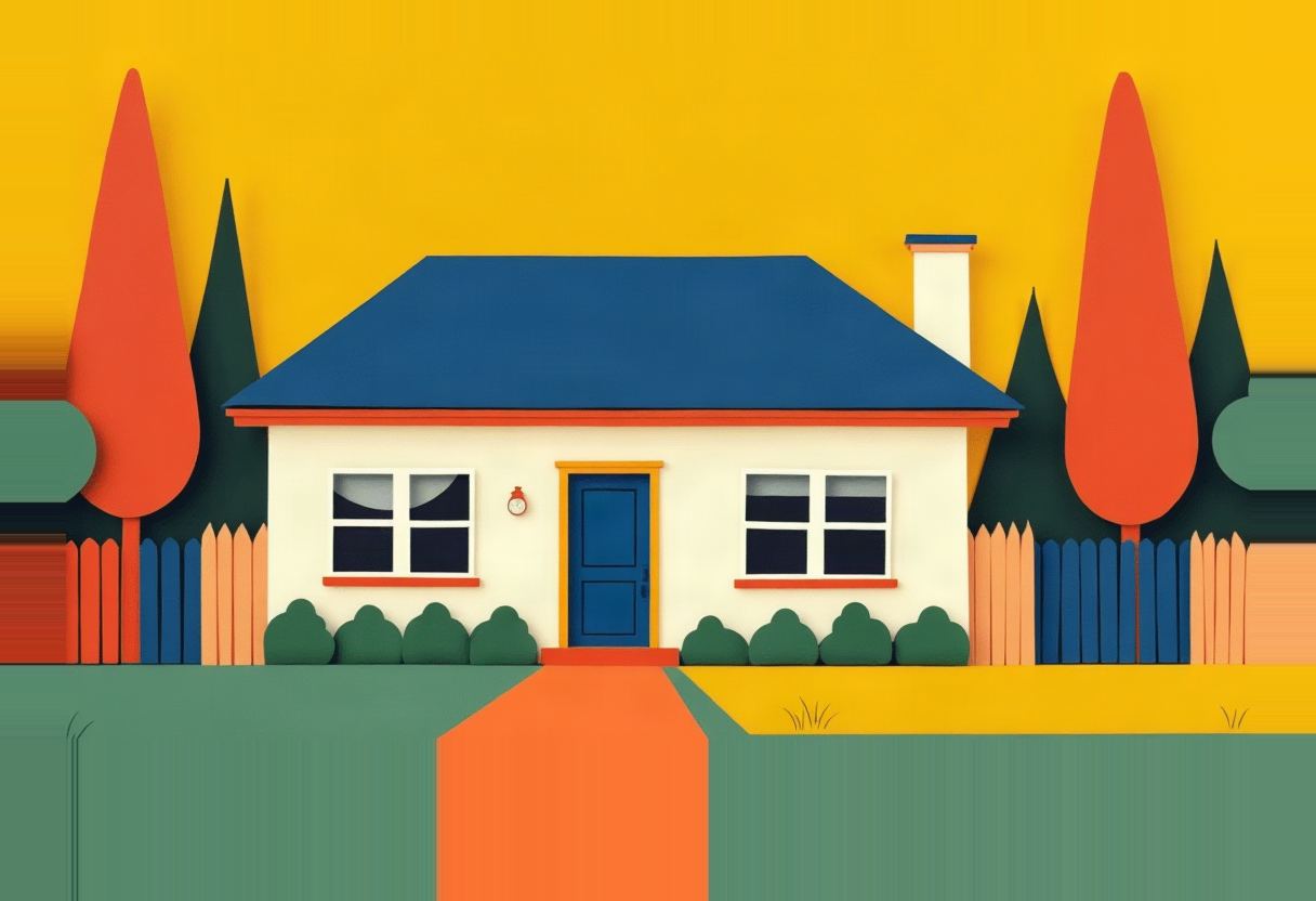 Flat-illustration suburban house with a blue roof, cream walls, blue door, two windows, hedges, an orange path, picket fences, and tall orange conical trees against a yellow sky.