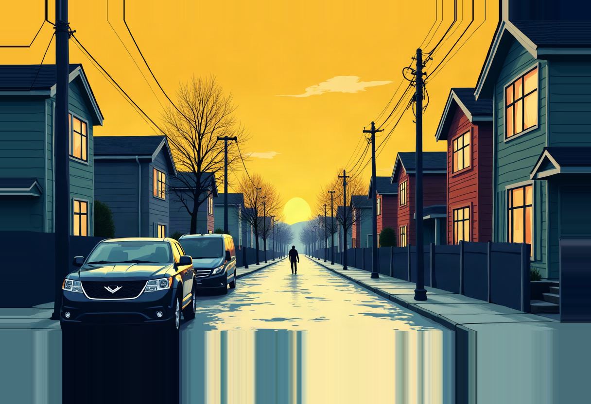 Illustration of a lone figure walking down a wet residential street at sunset, flanked by parked cars, power lines, and houses with lit windows under an orange sky.